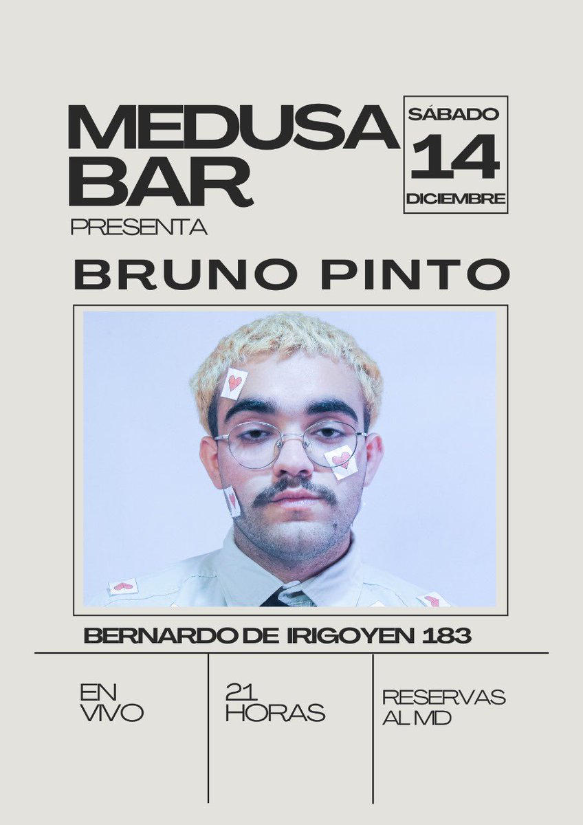 lenihuil's tweet photo. BRUNO PINTO SET ACÚSTICO

🗓️ SÁBADO 14 🗓️

📌 @medusa.bar.sr
⌚️21:00HS
🎫 4000$ PROMO 2x7000$ https://t.co/fUXmVpcS61