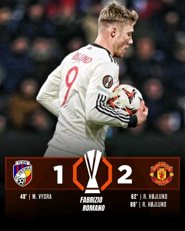 UtdFocus4's tweet photo. 🚨🇪🇺 First European away win in the last 20 months (!) for Manchester United vs Plzen! 🤯
Rasmus Højlund makes it 9 goals in Europa League and Champions League for United since joining in 2023 🇩🇰
#PLZMUN #MUNF #UEL https://t.co/IxqjNUrjBr