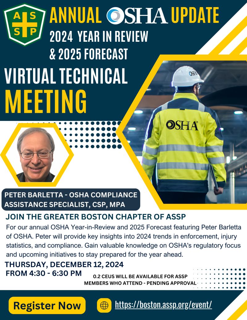 GBC_ASSP's tweet photo. 🔔 Reminder Today 4:30 pm - 6:30 pm🔔

🛠️ OSHA 2024 Year in Review Tech Meeting 🛠️

Join ASSP GBC Chapter for a virtual tech meeting with Peter Barletta from OSHA!
 Get a deep dive into OSHA's 2024 activities and 2025 outlook. 

👉 Register here: https://t.co/Ttbed2gP96 https://t.co/2ZUiLdcxGX