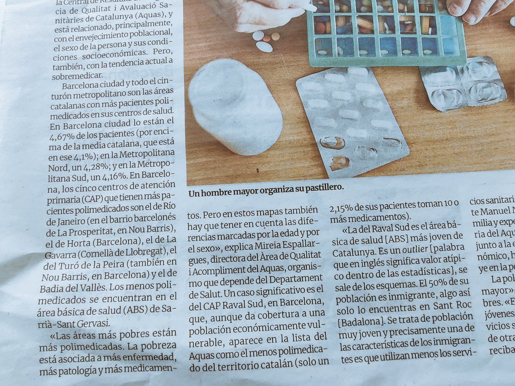 La gent (les dones) més polimedicades a Nou Barris. Les menys polimedicades a Sarria-Sant Gervasi. 

Drogades per suportar la vida.
No hi ha més preguntes señoría.