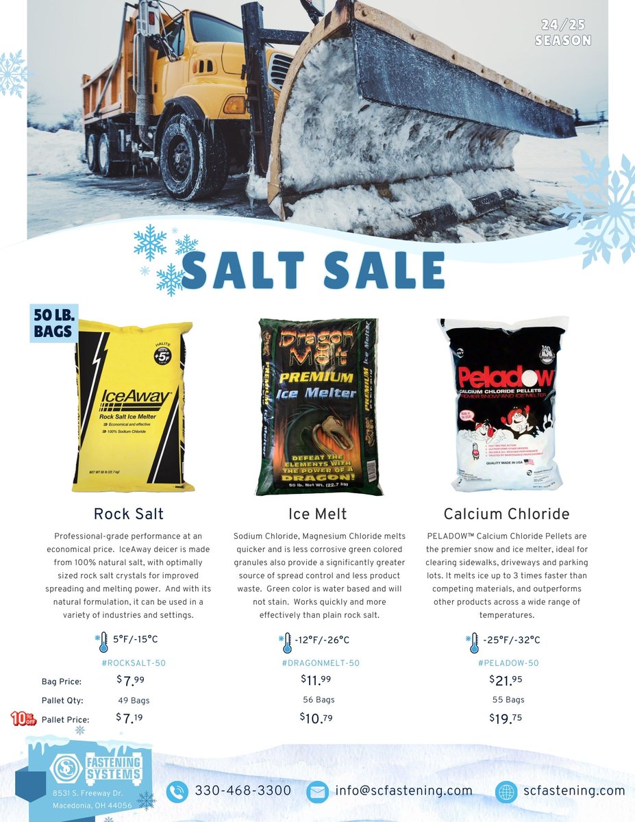 SCFastening's tweet photo. Be Ready for Winter

We offer reliable, high-quality salt products to meet your needs this season. 

With both pickup and delivery options, we're here to support your winter preparedness. 

Contact us today to learn more!

📞1-800-232-2659 https://t.co/C2FxKB3WQJ