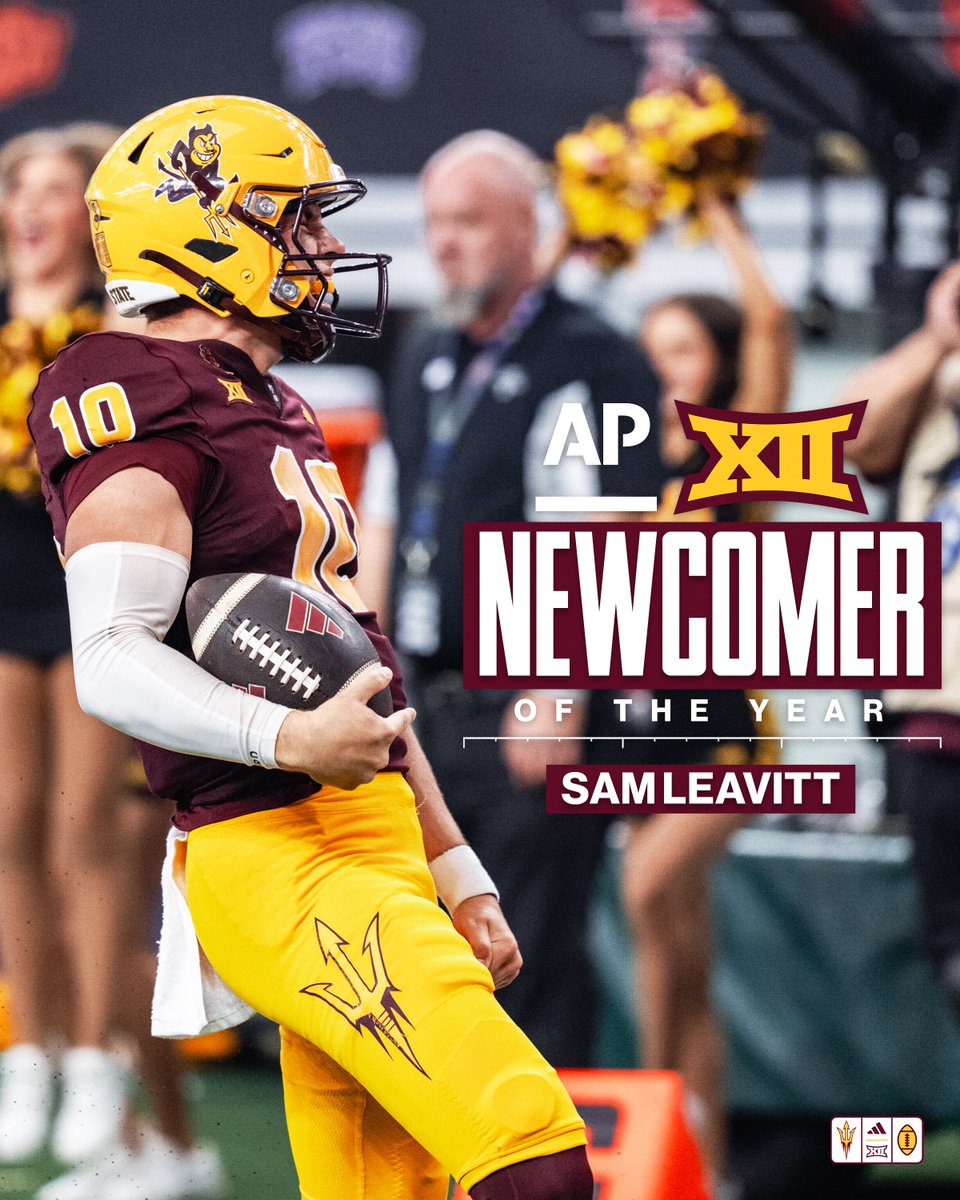 Sun Devil Football (@asufootball) on Twitter photo Sam Leavitt named AP <a href="/Big12Conference/">Big 12 Conference</a> Newcomer of the year!
#ForksUp /// #ActivateTheValley Sam Leavitt named AP <a href="/Big12Conference/">Big 12 Conference</a> Newcomer of the year!
#ForksUp /// #ActivateTheValley