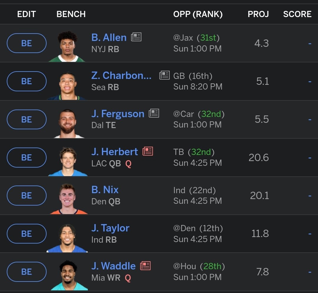 JSmooth_10's tweet photo. @NFLFantasy Benching J Taylor. Charbonnet will slide in for Kamara or Brown in flex if Walker sits https://t.co/uFBtAhiLjC