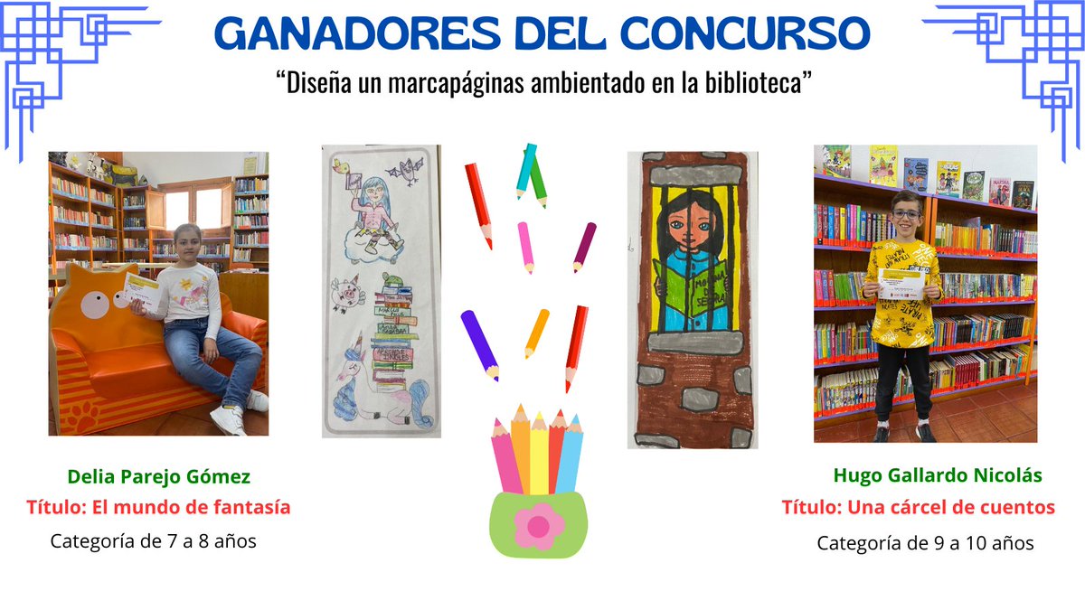 Los ganadores del concurso Diseña un marcapáginas que realizamos con motivo del Día de las bibliotecas ya han recibido su premio.
¡Enhorabuena!