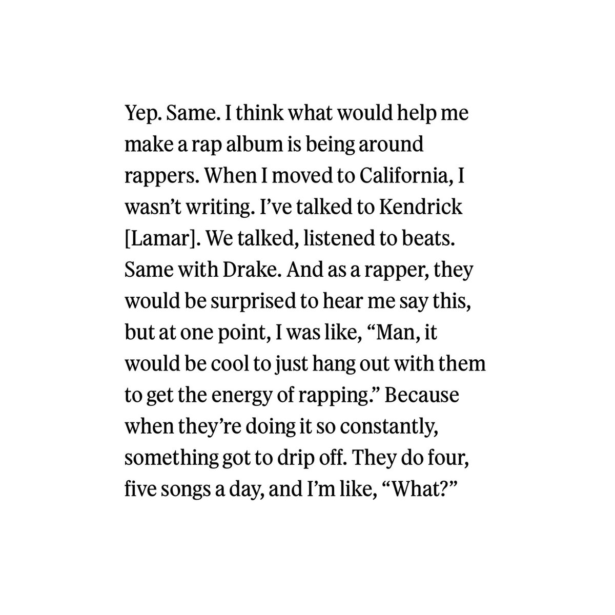 HipHopAllDayy's tweet image. André 3000 says he is &quot;inspired&quot; by Kendrick &amp;amp; Drake&apos;s output as artists and that if he were to make a rap album, it would be partly because of their inspiration 🔥🤍

&quot;I think what would help me make a rap album is being around rappers […] I&apos;ve talked to Kendrick. We talked,…