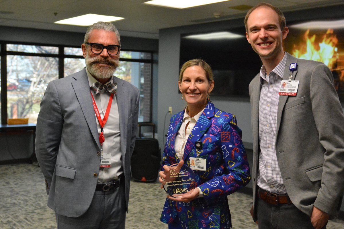 Congratulations to Jennifer Vincenzo, Ph.D., MPH, PT, associate professor of physical therapy in the College of Health Professions, who was one of only five UAMS faculty who received Chancellor’s Awards of Excellence at the UAMS Town Hall in November.