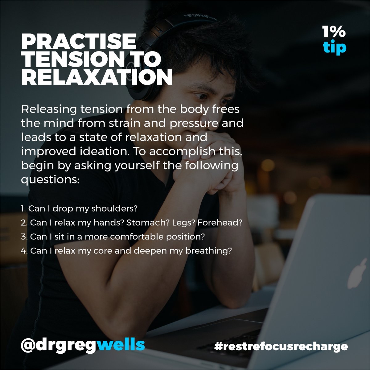 drgregwells's tweet photo. Pivot from Tension to Relaxation
Want to learn more about health & wellbeing? Check out my book Rest Refocus Recharge: https://t.co/ukcErTPwZ0.
#restrefocusrecharge #mentalhealth #breathe #journaling #wellness #mindset #brain #creativity #mindful #meditation https://t.co/4YGPmXf4as