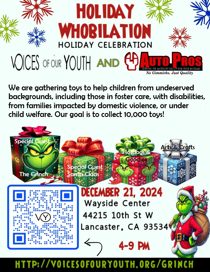 AutoPros7's tweet photo. Auto Pros is teaming up with Voices of Our Youth for their annual toy drive aimed at bringing joy to local children in the Antelope Valley. We are collecting unwrapped toys for children in need, including those with disabilities, kids in foster care, and those affected by domestic violence.

We invite you to visit Auto Pros to donate an unwrapped toy and share the gift of kindness. Additional donation locations can be found at https://t.co/lEtPz9HCx2.

Let's come together to support the children in our community who need it the most!

#toydrive #community #Local