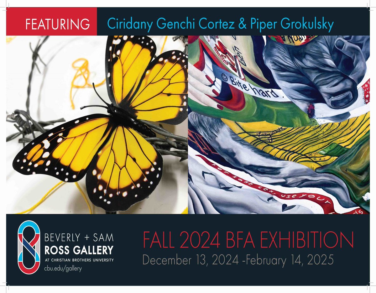 Don’t miss the Fall 2024 BFA Exhibition opening reception this Friday, Dec. 13, 5–8 PM at CBU’s Beverly + Sam Ross Gallery! 🎨

Celebrate the incredible work of seniors Ciridany Genchi Cortez &amp; Piper Grokulsky. Details: cbu.edu/gallery

#cbuvisualarts #cbubfashow #cbuarts