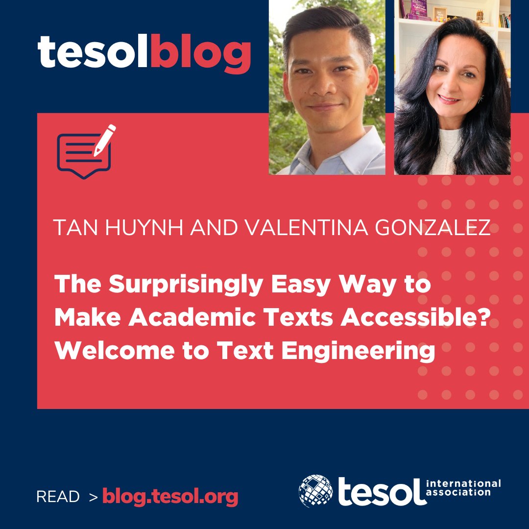 TESOL_Assn's tweet image. #tesolBlog: The Surprisingly Easy Way to Make Academic Texts Accessible? Welcome to Text Engineering. Learn more about it at bit.ly/3BoSuKW #TESOL #TEFL #TESL #ELT @TanKHuynh @ValentinaESL