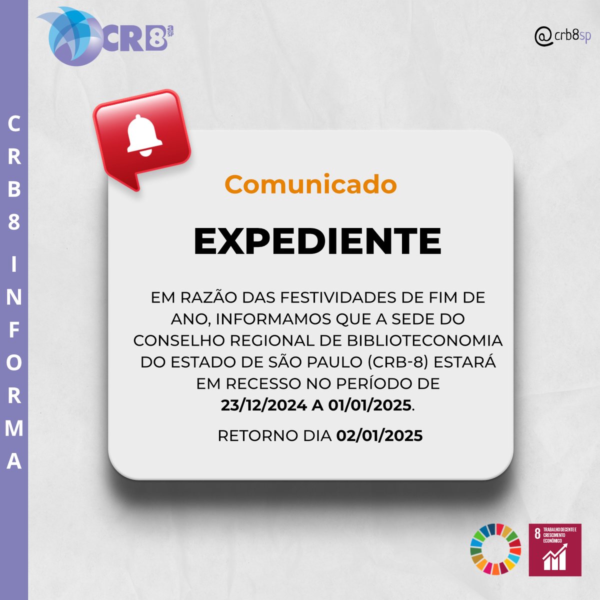 crb8sp's tweet photo. Prezados,

Em razão das festividades de fim de ano, informamos que a sede do CRB-8 estará em recesso no período de 23/12 a 01/01. Nesse intervalo, o expediente fica suspenso, não havendo atendimento ao público.

Retornaremos às atividades normais no dia 02/01/2025. https://t.co/mHHkhEfQd9
