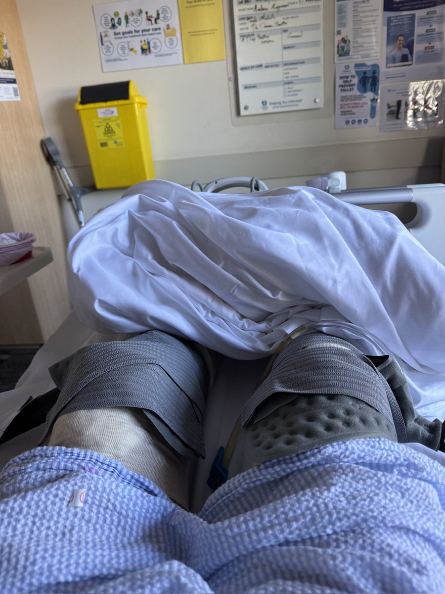 andrewhiggo's tweet photo. Double knee replacement surgery yesterday, apparently the pain will hit today. But looking forward to medium term for better knees and less pain 👍 #surgery #kneereplacements #betterhealth https://t.co/yoqaOCqN5M