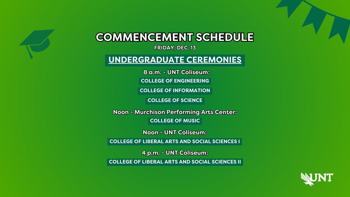 UNTsocial's tweet image. UNT’s #Fall24 commencement ceremonies begin today. Hooray! 🎉

See the full schedule of events: bit.ly/3ZDQkQK