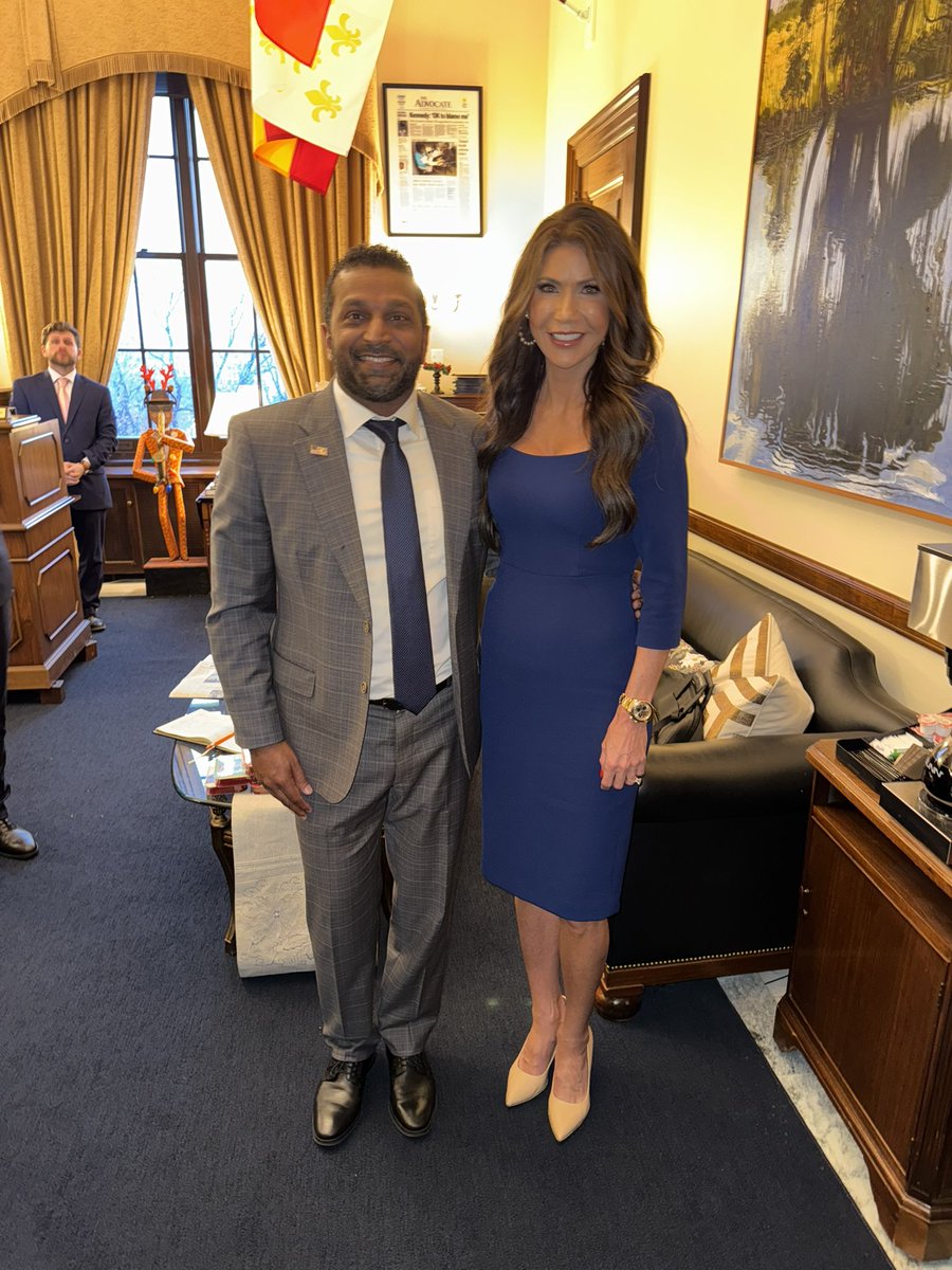 Kash_Patel's tweet image. Loved catching up with my dear friend Kristi Noem. She’s a true conservative warrior who’s committed to securing our border and keeping America strong.