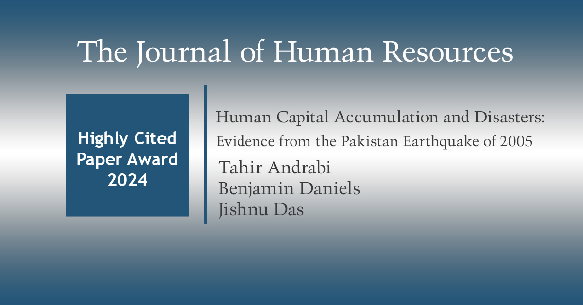 The JHR (@j_humanresource) on Twitter photo 🎉Congrats! The JHR recognizes <a href="/AndrabiTahir/">Tahir Andrabi</a>, Benjamin Daniels, and Jishnu Das with the 2024 JHR Highly Cited Paper Award for "Human Capital Accumulation and Disasters: Evidence from the Pakistan Earthquake of 2005"
doi.org/10.3368/jhr.59… 🎉Congrats! The JHR recognizes <a href="/AndrabiTahir/">Tahir Andrabi</a>, Benjamin Daniels, and Jishnu Das with the 2024 JHR Highly Cited Paper Award for "Human Capital Accumulation and Disasters: Evidence from the Pakistan Earthquake of 2005"
doi.org/10.3368/jhr.59…