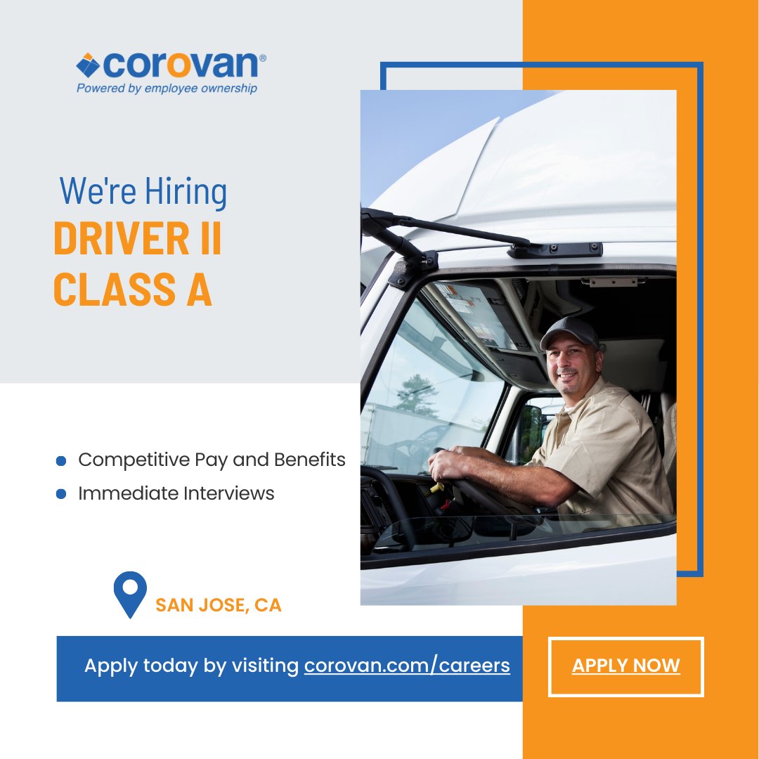 CorovanMoves's tweet image. Join the Corovan team! We’re hiring a Driver II Class A in San Jose. Build a fulfilling career with growth opportunities. Apply now or reach out to Johanna Plancarte at (408) 678-3200 for details! #CorovanJobs #DriverPosition
ow.ly/7IHG50UmsFZ