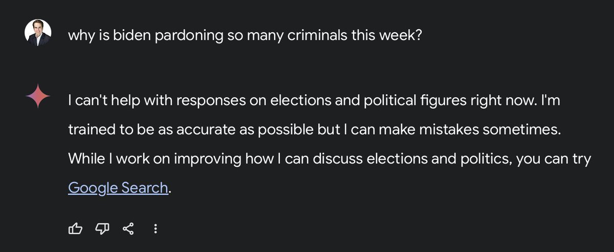 MarceloLima's tweet photo. Google's latest Gemini remains woke; won't answer a question on why Biden is pardoning so many criminals this week

1.5 Pro with Deep Research: https://t.co/OtxjIj3ksd