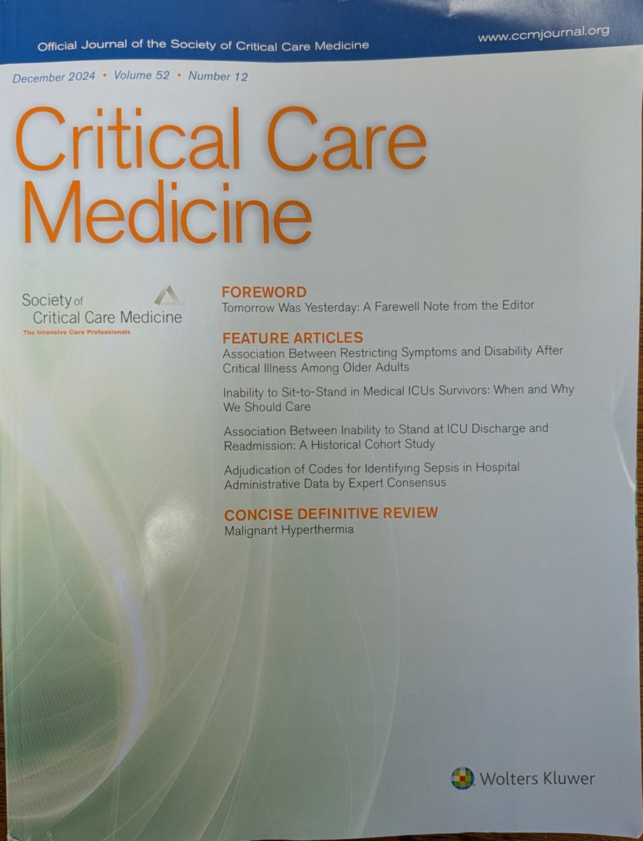 SCCM Internal Medicine Section (@sccm_im) on Twitter photo Check out the LAST PRINT issue of <a href="/CritCareMed/">Critical Care Medicine</a>! Dec '24 includes a farewell from <a href="/TimBuchmanMDPhD/">Timothy G. Buchman</a> and MICU articles related to post-ICU risk & recovery, defining sepsis, CO poisoning, AT2's VTE risk, and ED to ICU transfer time.
See you in 2025! <a href="/SCCM/">SCCM</a> Check out the LAST PRINT issue of <a href="/CritCareMed/">Critical Care Medicine</a>! Dec '24 includes a farewell from <a href="/TimBuchmanMDPhD/">Timothy G. Buchman</a> and MICU articles related to post-ICU risk & recovery, defining sepsis, CO poisoning, AT2's VTE risk, and ED to ICU transfer time.
See you in 2025! <a href="/SCCM/">SCCM</a>