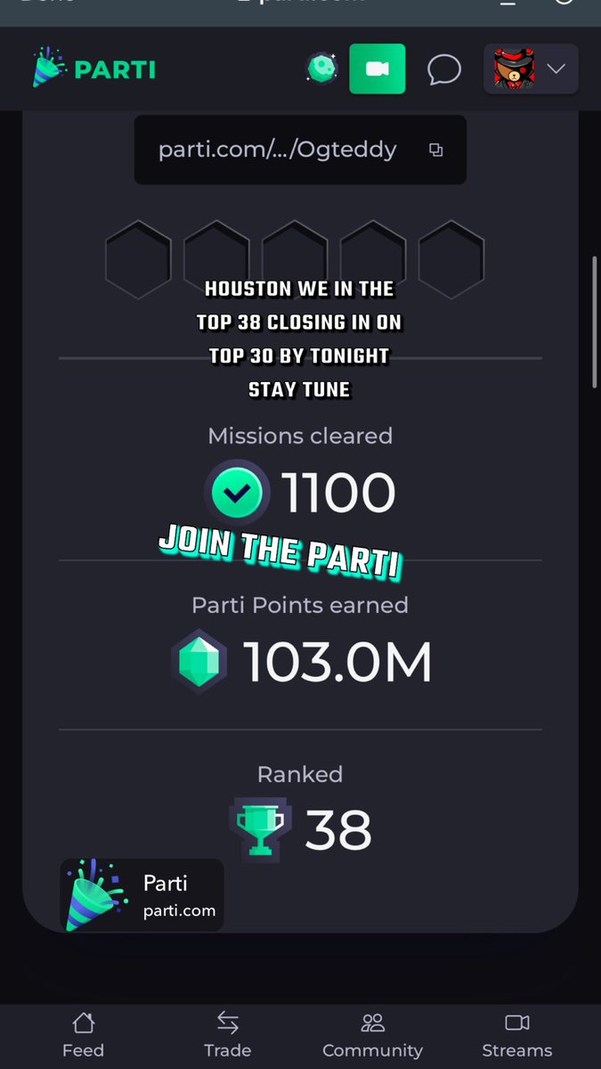 ogteddyz's tweet photo. HOUSTON WE IN THE TOP 38 CLOSING IN ON TOP 30 BY TONIGHT STAY TUNE @DadModeGG @the_joker @BudsGame @jointheparti @PartiCommunity #ChasingPartner #30daysofchristmas https://t.co/U8Rm1T2Qix. Drop y’all link and what games you stream let’s network @iiSpongeAlot https://t.co/dAgiL5XjZZ
