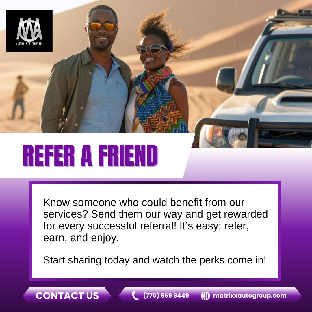 MatrixxAuto's tweet image. Refer a Friend, Earn a Reward! 
Know someone looking for their next vehicle? 

Send them our way! When they make a purchase, you’ll earn a special reward as our way of saying thanks.

Contact us to learn more!
#ReferralRewards #DriveAndEarn #SpreadTheWord #matrixxautogroup