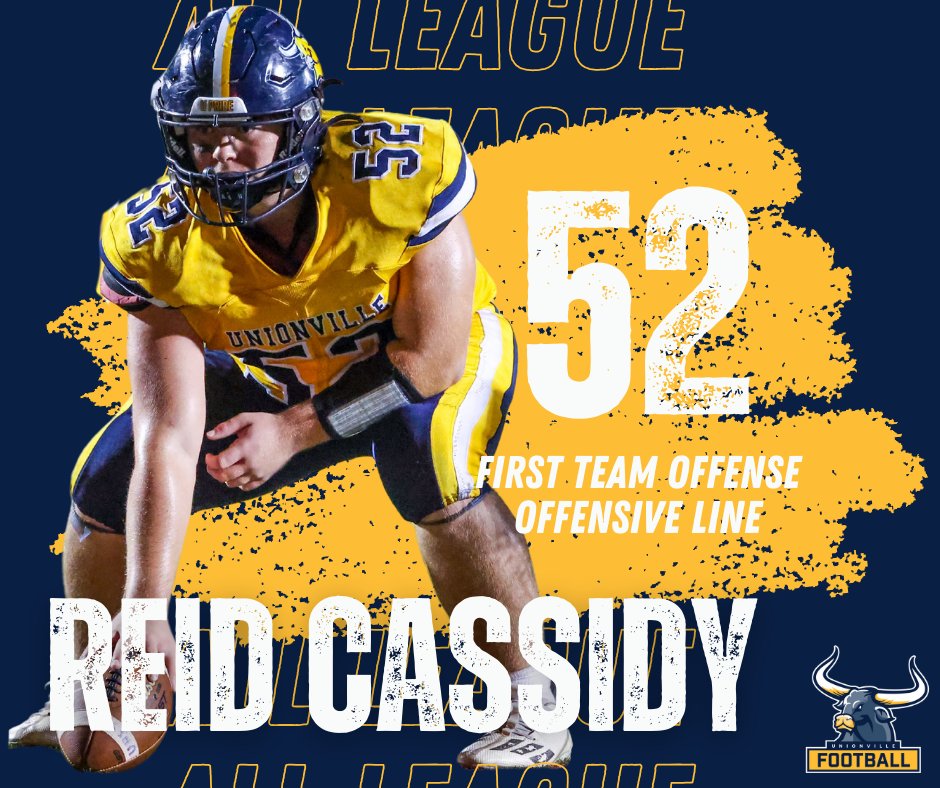 UnionvilleHSFB's tweet photo. Congratulations to the 2024 Chesmont League All League - 1st Team Offense: 

#52, Reid Cassidy, '26

#UPride #LEAD #OneTeamOneGoal @ChescoGridiron @PaFootballNews @DelcoSports https://t.co/TViYiWYarz
