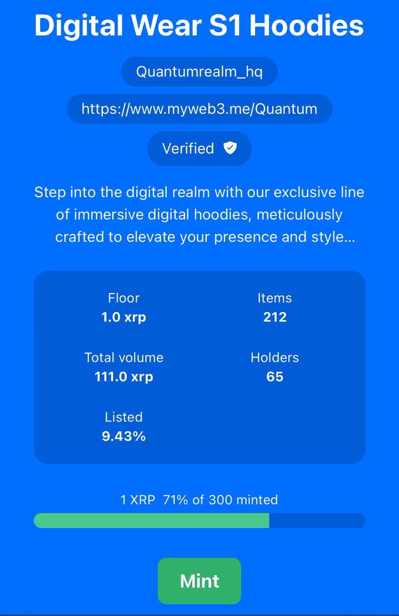 QuantumRealm_hq's tweet photo. Great push community weโre almost there! ๐ค
71% Minted ๐ #MovingUp
Mint Price: 1xrp
Only 300 of these hoodies will ever be made from this collection
Walk with Fashion in the Metaverse ๐งฅ
#DigiWear #DigitalFashion #Hoodies #Xrpl #NFTs #Web3 #AnunnakiNation #QuantumRealmStudios
https://t.co/fxztLzFo2G
