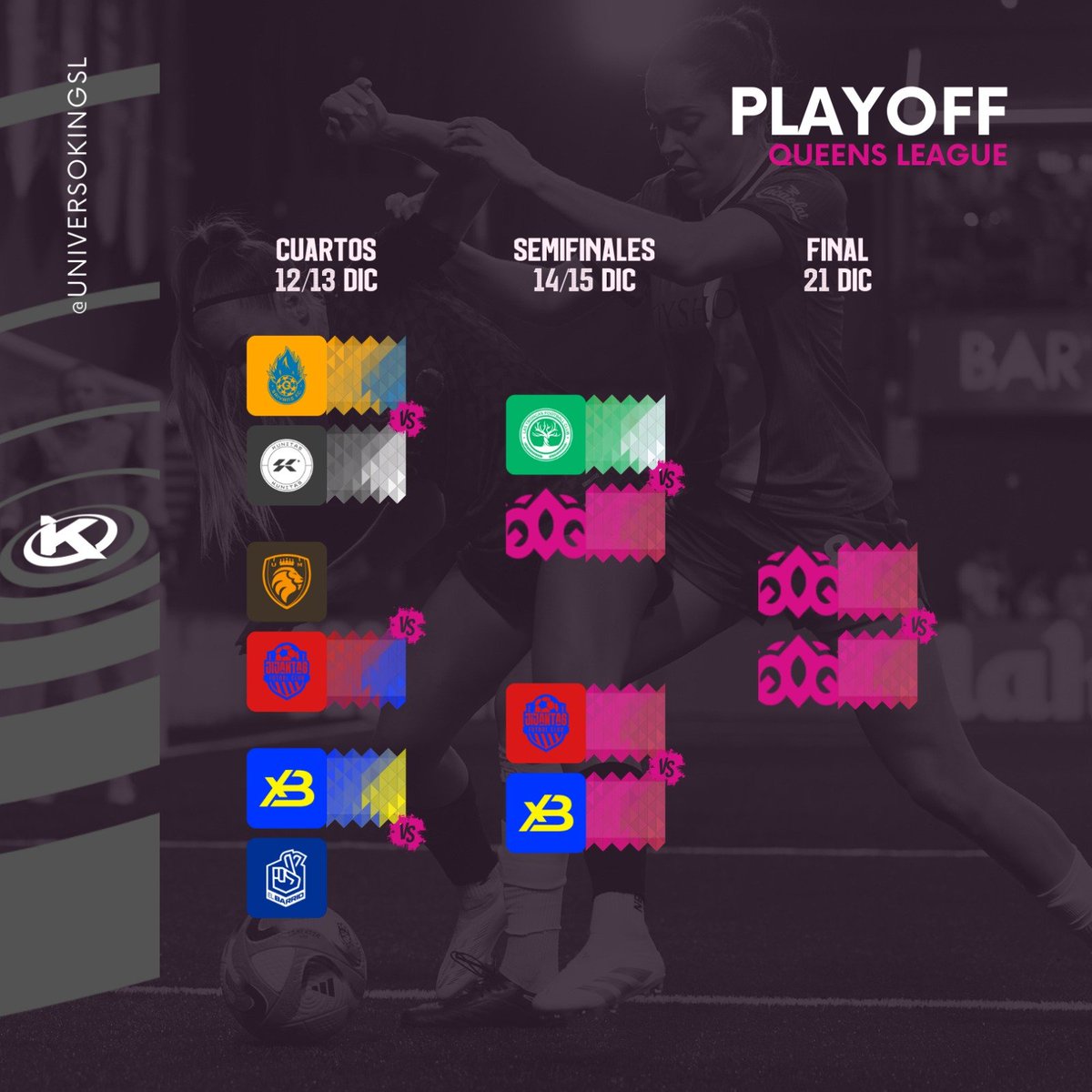 UniversoKingsL's tweet photo. ASÍ QUEDAN LOS BRACKETS DEL PLAYOFF DE LA #QueensLeague
🪵 @LosTroncosFC_ esperan el rival del encuentro entre @Saiyans_FC_ 🔥 y @KunitasFC 🇦🇷
🧢 @JijantesFC se enfrentará a ✖️🅱️ @xBuyer_Team en SEMIS
#KLPlayoffWeek