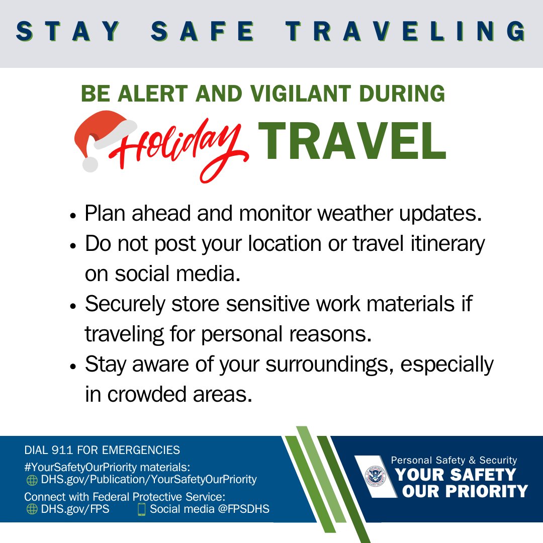 FPSDHS's tweet photo. .#Travel during the holidays can be stressful, but planning ahead can help make it a success. Learn how to travel #safely with @DHSgov’s @FPSDHS #YourSafetyOurPriority safety tips.

https://t.co/G1BpmJijqq https://t.co/NNPRN7sgVq