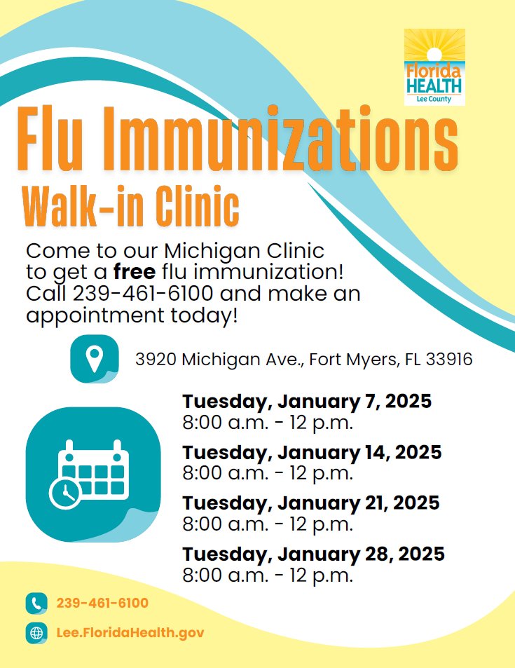 flhealthlee's tweet photo. Happening this month!
DOH-Lee is hosting Flu Immunization Walk-In Clinics at our Michigan Clinic. See below for details.
#ThePowerToProtect #WhyIProtect #Flu https://t.co/ZA2F5xKJdc
