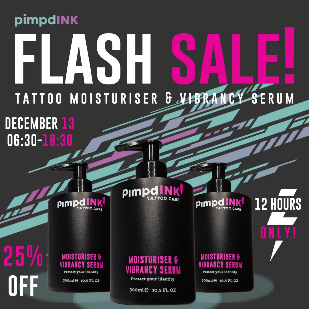 PimpdInk's tweet photo. ⚡ FLASH SALE ALERT ⚡
Power up your ink with pimpdINKs Tattoo Moisturiser &amp; Vibrancy Serum! 💎

From 6:30 am to pm, this Friday (13th dec), get 25% off vibrant, bold tattoos that stand out. The perfect gift for the tattoo lover in your life.

Catch the sale only on Amazon https://t.co/j6Mzdv6dNU