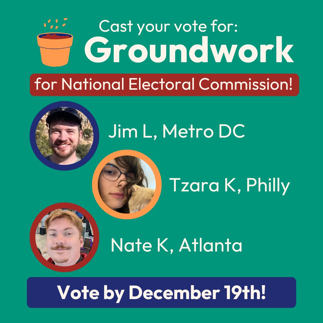GroundworkDSA's tweet photo. Ballots are open now in leadership elections for DSA's National Electoral Commission. Groundwork is proud to support our members Jim L, Tzara K and Nate K - three experienced electoral organizers running to build up and expand DSA's electoral work at the national level! https://t.co/DsV9WjdN64