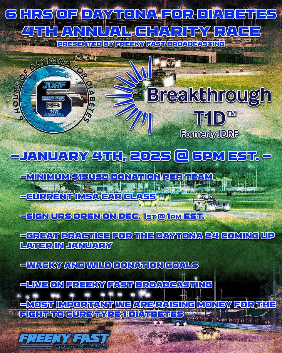 ICYMI: Sign-ups are open for our 4th annual
<a href="/BT1D_Play/">Breakthrough T1D Play</a> at Daytona Intl. Speedway. Make sure to sign up below! 

Discord: discord.gg/Vr4q6mww2n
SignUp: bit.ly/2025JDRFSignUps
Donate: tiltify.com/+freeky-fast-b…

#iRacing | #BreakthroughT1D
