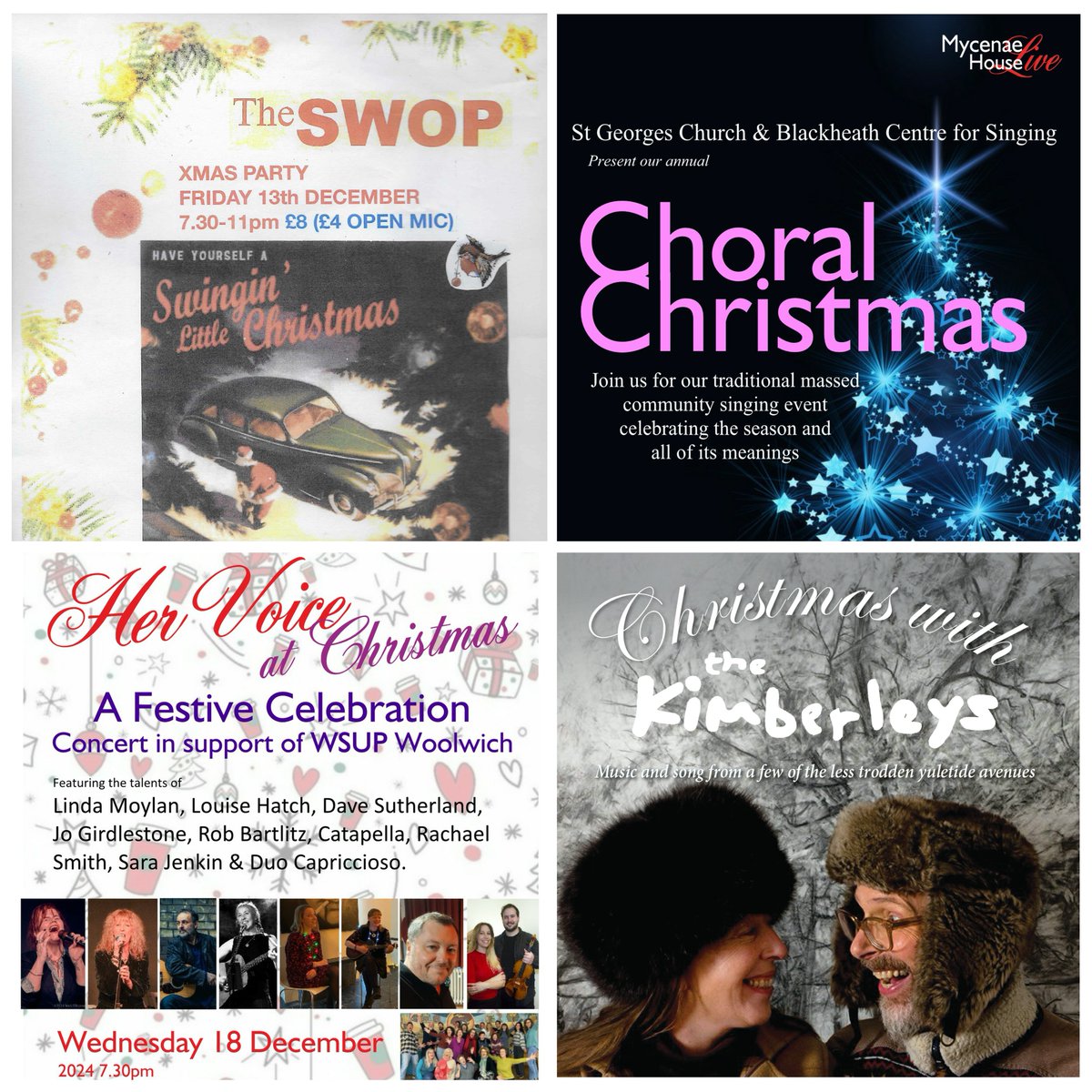 What's coming up here over the next week?

Fri 13 Dec 7.30pm SWOP Xmas Party
Mon 16 Dec 7pm A Choral Christmas
Wed 18 Dec 7.30pm Her Voice at Christmas
Fri 20 Dec 7.45pm Christmas with The Kimberleys

For more info visit mycenaehouse.co.uk/event/events-s…

#LiveMusic #Blackheath #Greenwich