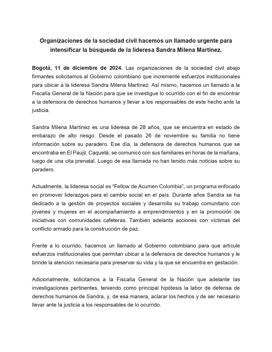 PIAmericaDelSur's tweet photo. #SOS Hacemos un llamado #urgente al Gobierno para que articule esfuerzos que permitan ubicar a la defensora de DDHH, Sandra Martínez, quien está desaparecida desde el 26 de noviembre en #Caquetá. Sandra, reconocida lideresa, se encuentra en estado de embarazo de alto riesgo. https://t.co/JBat4vxa3A