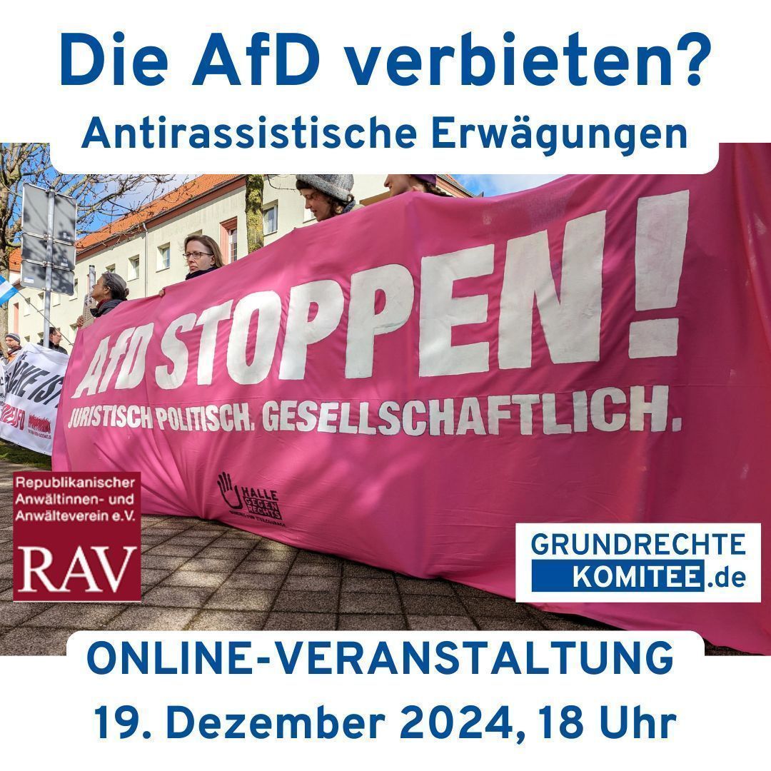 grundrechte1's tweet photo. Noch eine Woche! Online-Veranstaltung: Die AfD verbieten? Antirassistische Erwägungen,  19.12.2024, 18-20 Uhr. 

Referenten: Cengiz @Barskanmaz &amp; @Berquan_Kaya vom @pmjb_official 
Moderation Lotte Laloire (@rantingandlove / RAV)

Infos: https://t.co/In1IuTKEjz

#noafd #afdverbot https://t.co/wlXURvqfHC