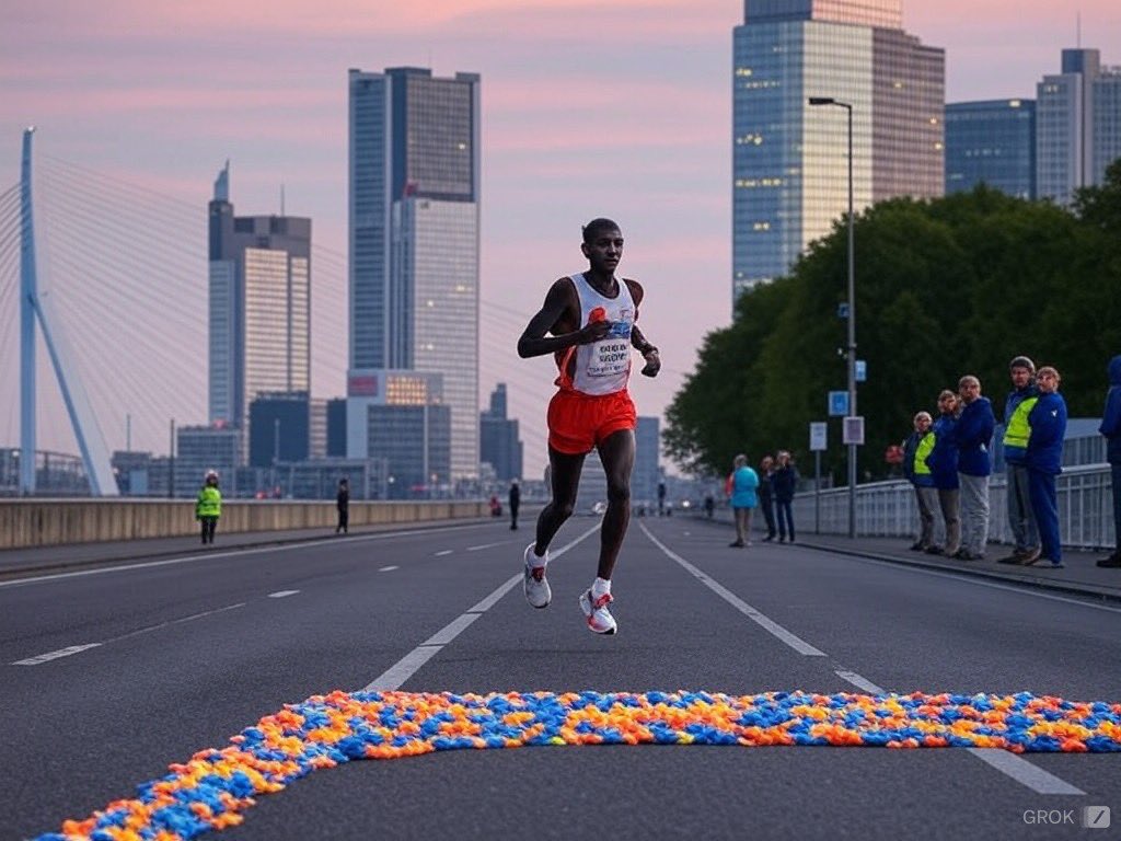 De laatste loper bij de marathon van Rotterdam volgens Grok 2, de AI generator van X (vierkant met schuin streepje in het snel menu).