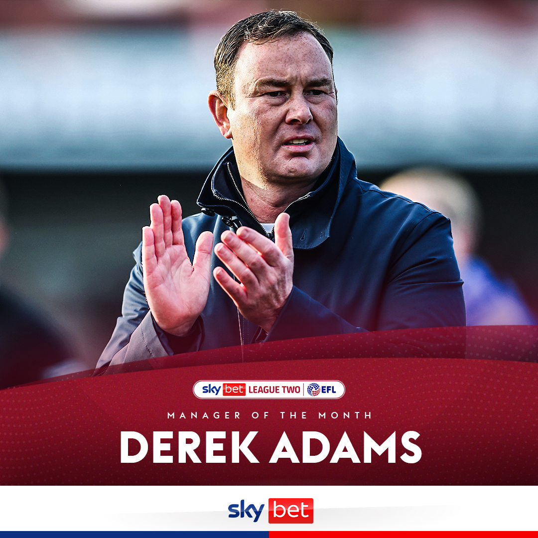 SkyBet's tweet photo. Two wins from three ✅

Putting the belief back into @MorecambeFC 🙌

Derek Adams is your @SkyBetLeagueTwo MOTM 🏆 #UTS https://t.co/XWOC0n8JUT