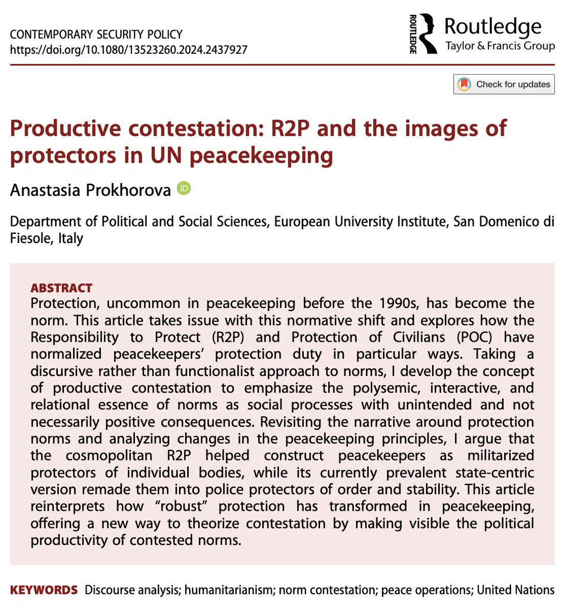 CSP Journal (@csp_journal) on Twitter photo 🚨new publication online
In this article <a href="/AnaProkhorov/">Anastasia Prokhorova</a> analyzes peacekeeping and the changing nature of peacekeepers’ protection duties through the lens of norm contestation.
👉 tandfonline.com/doi/full/10.10… 🚨new publication online
In this article <a href="/AnaProkhorov/">Anastasia Prokhorova</a> analyzes peacekeeping and the changing nature of peacekeepers’ protection duties through the lens of norm contestation.
👉 tandfonline.com/doi/full/10.10…