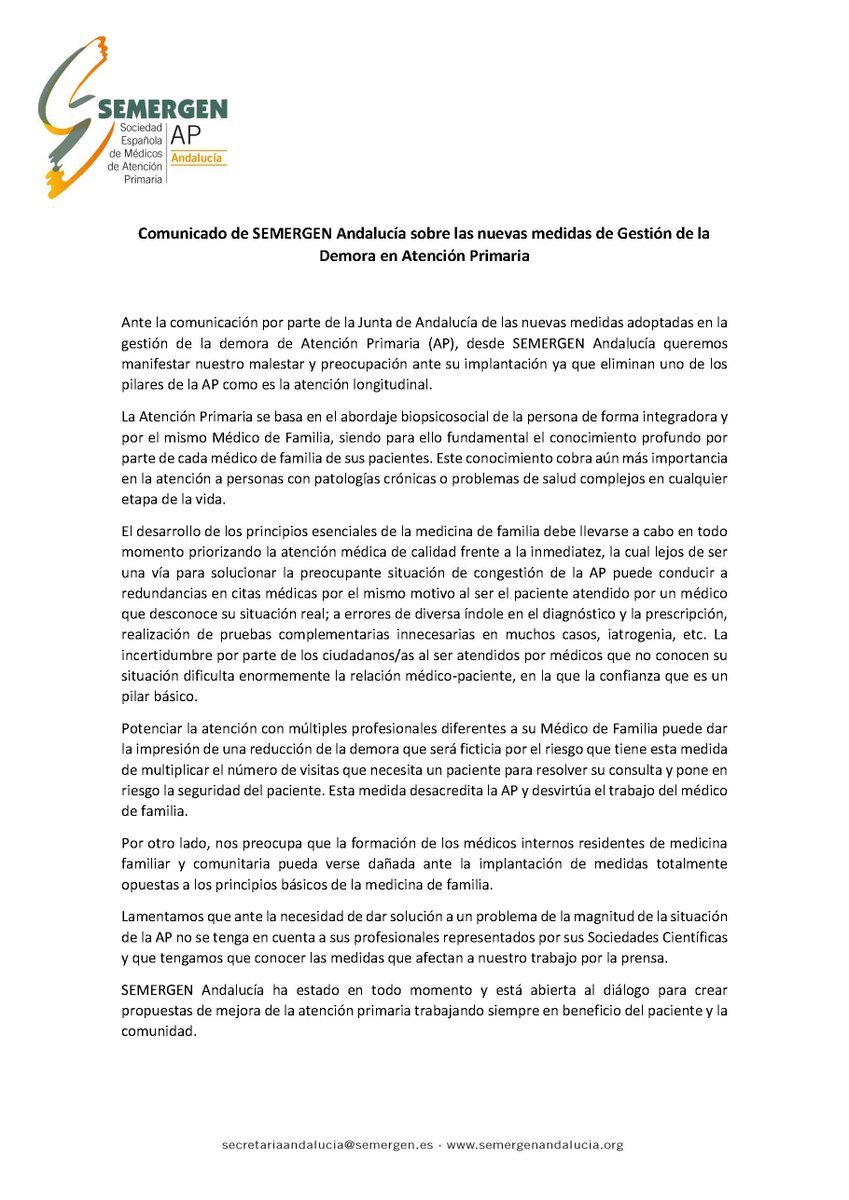 SEMERGENAndaluz's tweet photo. 🔔Comunicado de SEMERGEN Andalucía sobre las nuevas medidas de Gestión de la Demora en Atención Primaria
👇
https://t.co/g8q0rVNKkO

#semergenandaluz #atencionprimaria https://t.co/tRCRjLXNyN