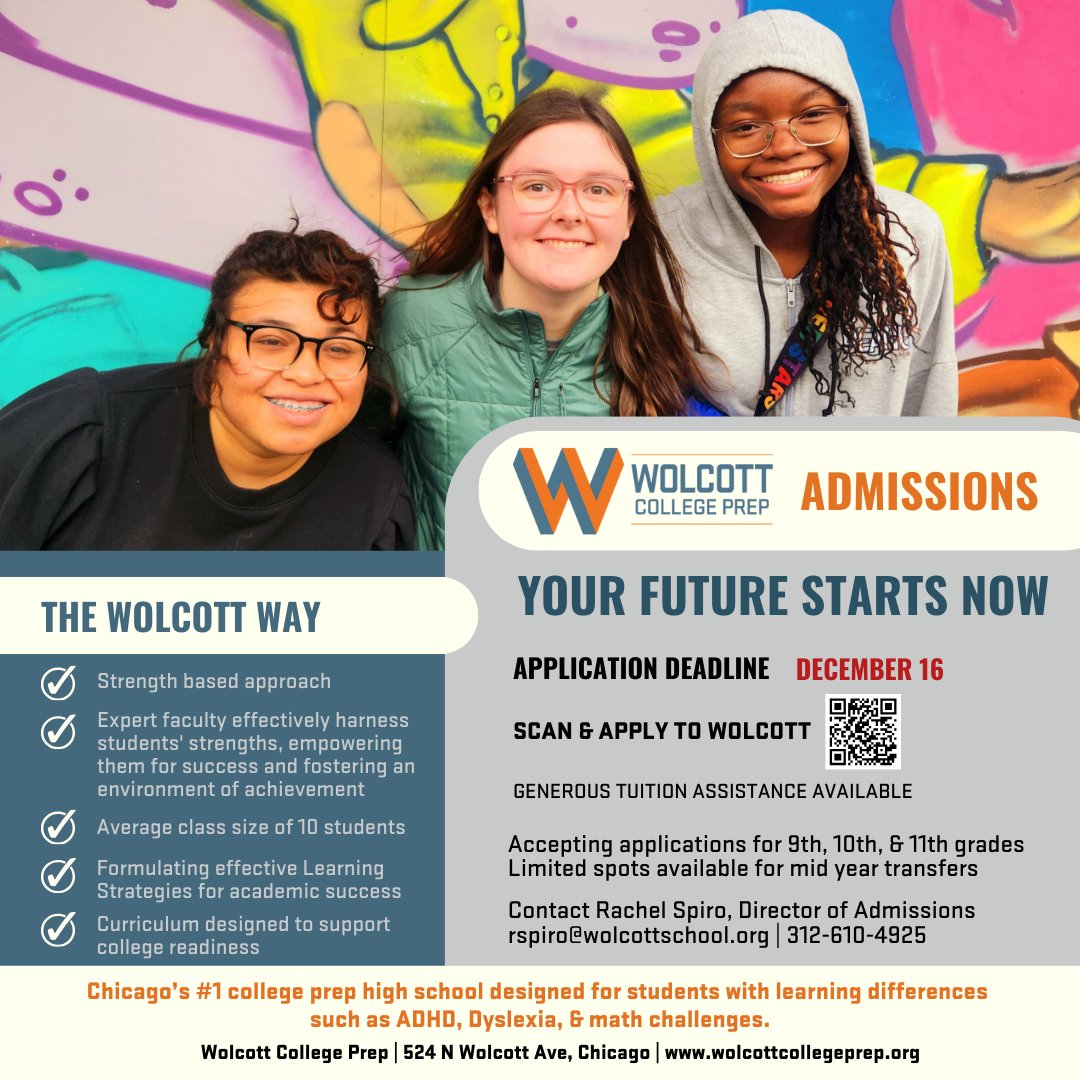 WolcottSchool's tweet photo. At Wolcott, we celebrate learning differences by focusing on strength-based learning that empowers students to thrive academically, socially, and emotionally. The application deadline is December 16th—don’t miss out! Apply at https://t.co/WvVuQvETGl
#LearningDifferences #Chicago https://t.co/7HoC3BFqUk