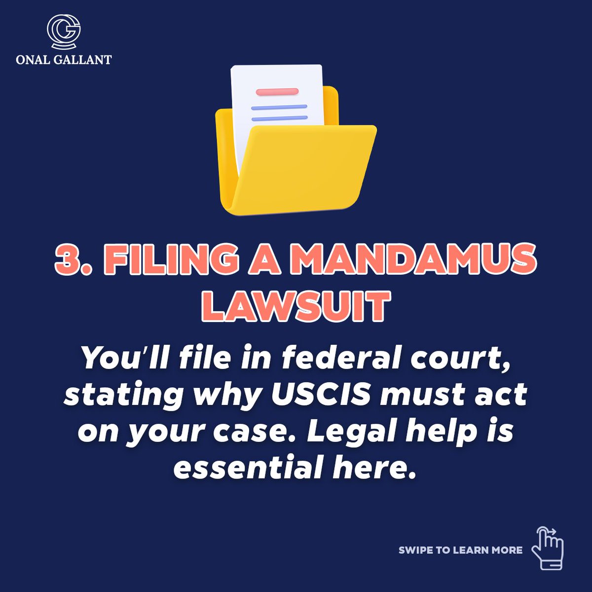 Onalgallant's tweet photo. Feeling frustrated by USCIS delays? Swipe to learn about mandamus lawsuits, a legal tool to compel action on your case ⚖️ https://t.co/TyHZuC64fR