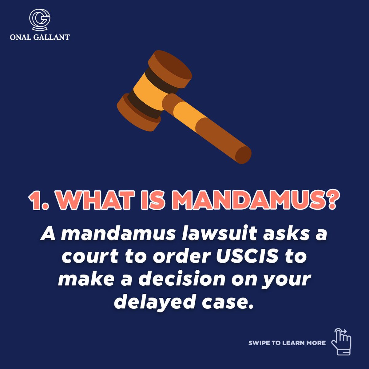 Onalgallant's tweet photo. Feeling frustrated by USCIS delays? Swipe to learn about mandamus lawsuits, a legal tool to compel action on your case ⚖️ https://t.co/TyHZuC64fR