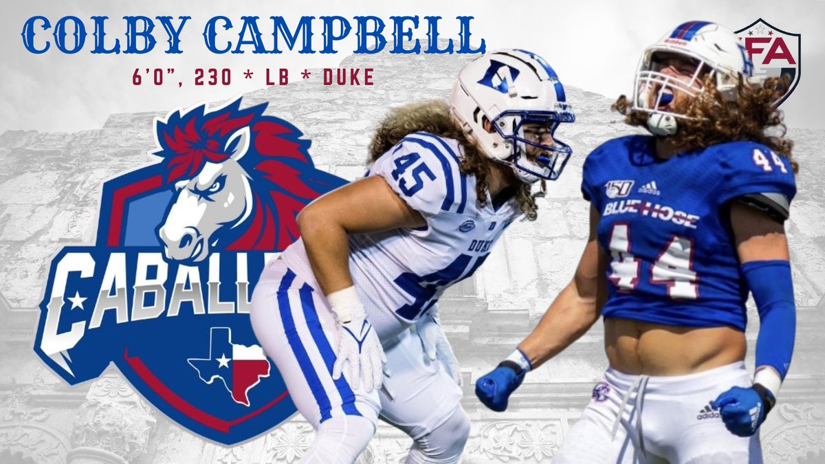 sa_caballeros's tweet photo. Please welcome @DukeFOOTBALL and @BlueHoseFB LB @Colby_c4 to the Cabelleros! Campbell's decorated career saw him earn @NCAA_FCS All-American, 2x All-@BigSouthSports, &amp; All-@PFLNews honors. The Buck Buchanan Award Runner-Up totaled 363 tackles, 32 TFL, &amp; 13 sacks in his career. https://t.co/8Ts1jZb7B3