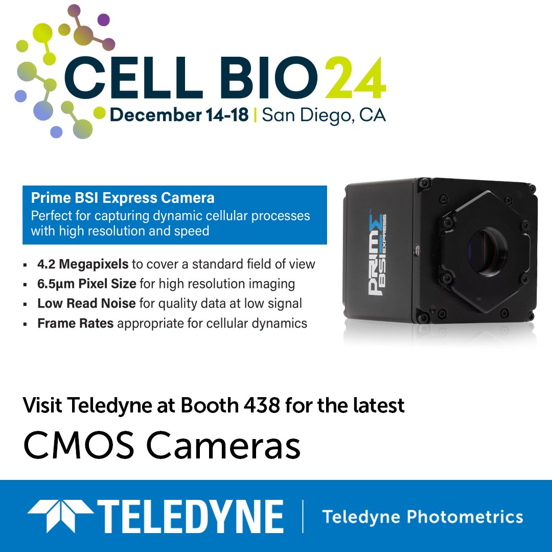 Photometrics's tweet photo. SEE US AT #CellBio24 โ Booth 438 to learn about the latest in CMOS cameras for fluorescence and #cellbiology. Featuring the BSI Express camera, a compact yet powerful imaging solution. Learn more: https://t.co/uRCc8qcjdw
#Innovation #CellScience #LifeSciences #Microscopy https://t.co/oVQaki3meu