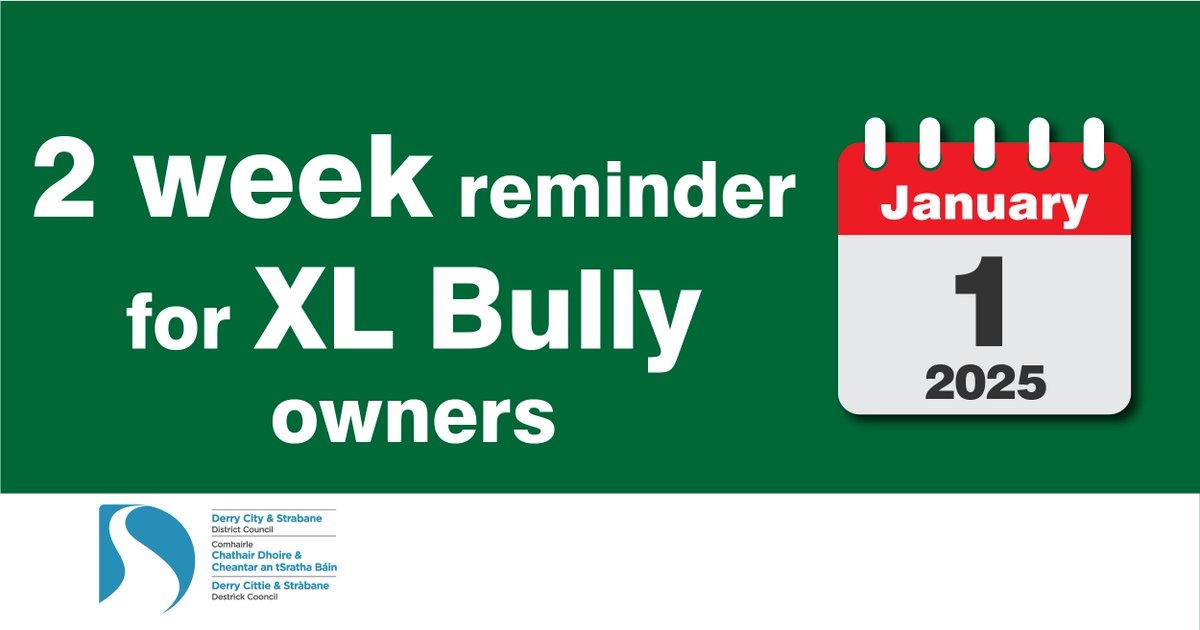 🗓️From 1 Jan 25, it will be illegal to own an XL Bully dog without an Exemption Certificate - apply now to your local council
⚠️Don’t risk losing your dog &amp; a penalty of up to six months imprisonment &amp;/or fine up to £5,000.
📎More at nidirect.gov.uk/xlbullydogs
<a href="/nidirect/">nidirect</a> <a href="/daera_ni/">DAERA</a>