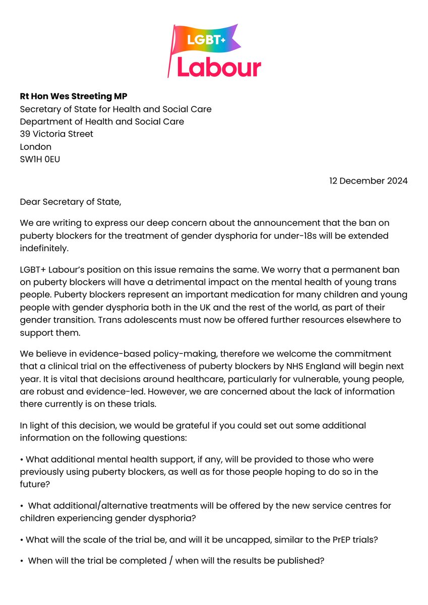 LGBTLabour's tweet photo. Following the decision taken by the Secretary of State for Health and Social Care regarding the indefinite ban on puberty blockers, we have written to him to express our deep concern to this decision and request that he meet with us to discuss this further. (1/4) https://t.co/pqizmOynJv