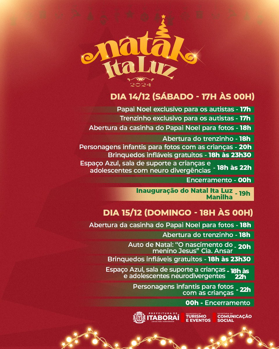 A espera acabou, o #NatalItaLuz será inaugurado nesta QUINTA-FEIRA! 🎅🎁

Confira horários e datas das atrações dessa primeira semana. Além da Praça Marechal Floriano Peixoto, no Centro, as praças de Itambi (13/12) e Manilha (14/12) também vão receber iluminação especial. 🎄✨