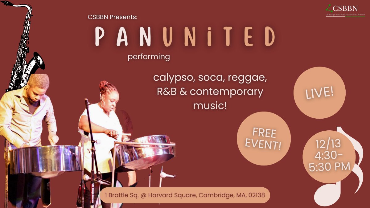 Join the Harvard Square Business Association as we present the Pan United Steel Orchestra!

Bask in the glow of the sounds of the season! Hot chocolate &amp; cookies will be served as you holiday shop ☕️✨

Link in bio!

#passporttoblackbusiness #shopblackbusinesses #shopcsbbn