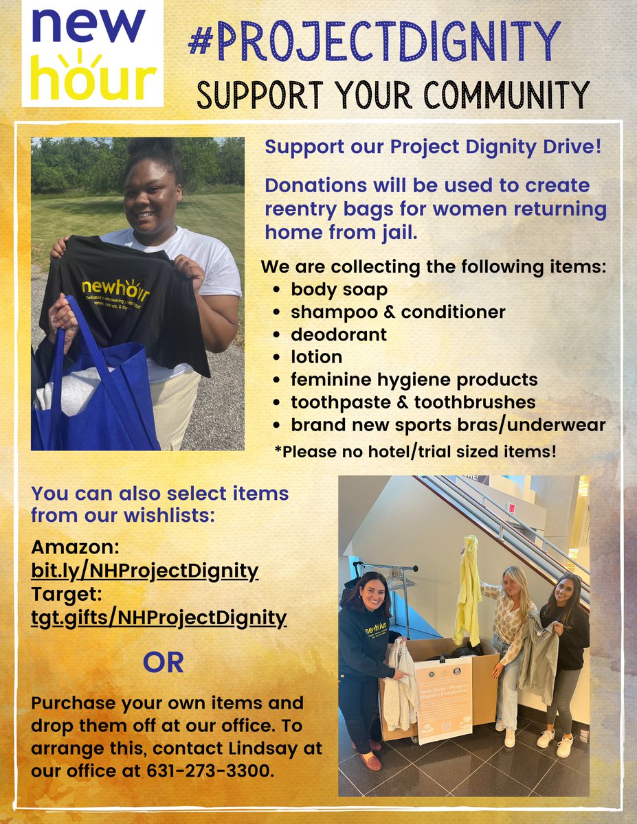 NewHourNY's tweet photo. Support #ProjectDignity today!
The weather is getting colder & our cabinets are bare! We’re in need of new comfortable clothing & personal care items for women & gender-expansive people returning home. Simple but necessary items such as toothpaste, shampoo & sneakers make all the difference in starting off reentry on the right foot.
Amazon: https://t.co/83cfgjgSGa
Target: https://t.co/8sFtmwiilh
