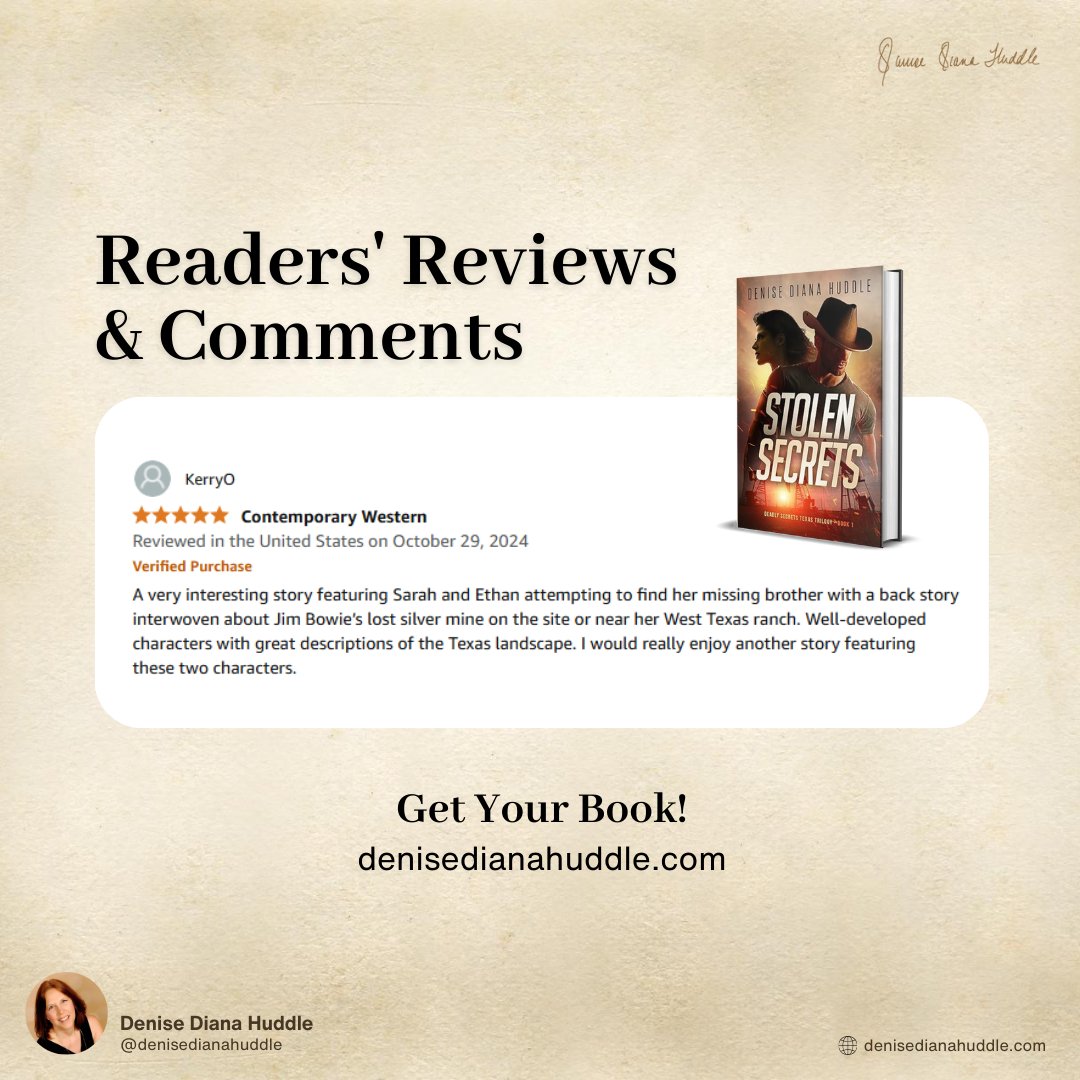 DeniseDHuddle's tweet photo. Your book review makes my day!
Share your thoughts and recommendations with me—I'd love to hear what you're reading.
.
New Release - #BurningSecrets
Get Your Book Now - https://t.co/kptXrHqeus
Available on Amazon - https://t.co/OOZdAXAMdI
#AuthorsOfTwitter https://t.co/aqkzMmGyWs